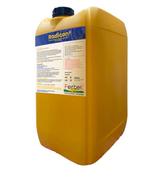 Flacone Radicon Fertek 10 - 25 kg, estratto di humus di lombrico liquido per fertirrigazione e stimolazione radicale biologica.