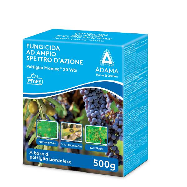 Fungicida POLTIGLIA MANICA 20 WG Adama a base di rame e calce, azione preventiva contro peronospora e batteriosi