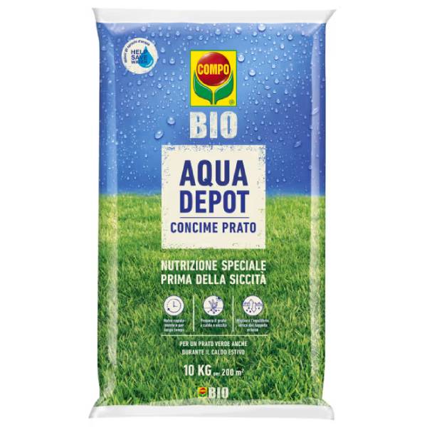 Sacco da 10 kg di concime organo-minerale Compo Bio Aqua Depot per la protezione del tappeto erboso dallo stress idrico.