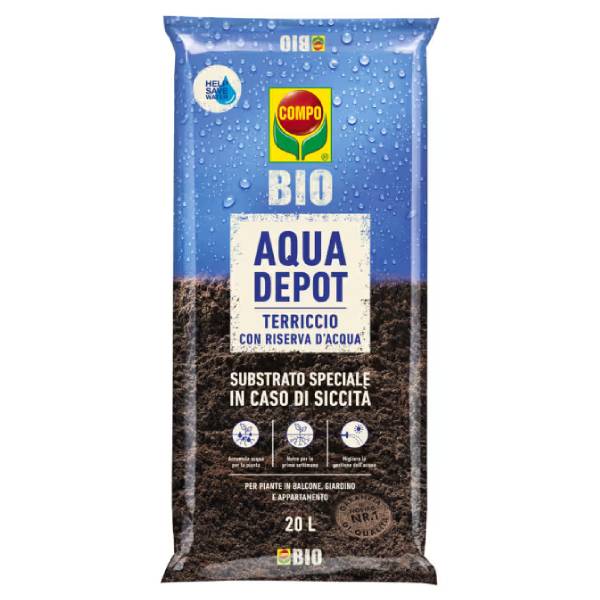 Sacco di Compo Bio Aqua Depot da 20 litri, terriccio biologico con tecnologia a riserva d’acqua per vasi e orto.