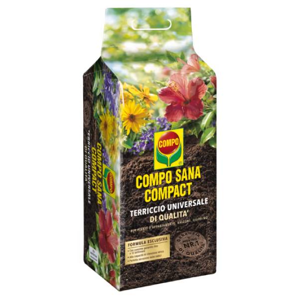 Sacco di Compo Sana Terriccio Universale versione compatta da 25 lt di alta qualità con perlite e concime a rilascio graduale.