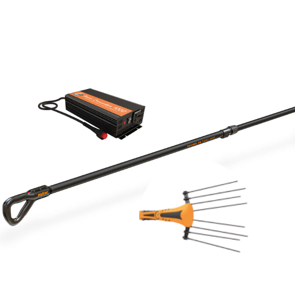 Abbacchiatore professionale Pellenc Power 48 T220/300 con testa DUO (490 mm) a doppio pettine contrapposto, alimentato da batteria auto 12V (80 Ah) tramite Convertitore 12/44 V Sala Laurus. Vista del kit completo con impugnatura ergonomica e asta in carbonio.