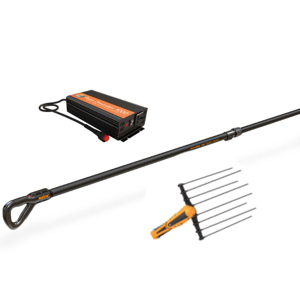 Abbacchiatore Pellenc Power 48 T220/300 con Testa SOLO (335 mm) e Convertitore 12/44 V per batteria auto 12V (80 Ah). Vista del kit completo con impugnatura ergonomica e asta in carbonio,