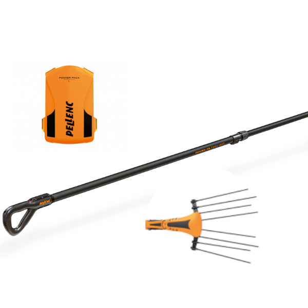 Abbacchiatore professionale Pellenc Power 48 T220/300 con testa DUO (490 mm) a doppio pettine brevettato e batteria a zaino al litio ad alta capacità Power Pack L+, kit definitivo a vibrazioni ridotte (3,2 m/s²) per uso professionale continuo e massima autonomia in oliveti estesi.