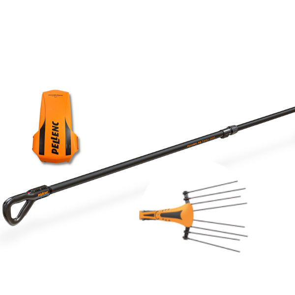 Abbacchiatore professionale Pellenc Power 48 T220/300 con testa DUO (490 mm) a doppio pettine brevettato e batteria a zaino al litio Power Pack M+, kit ergonomico a basse vibrazioni (3,2 m/s²) per la raccolta professionale delle olive.