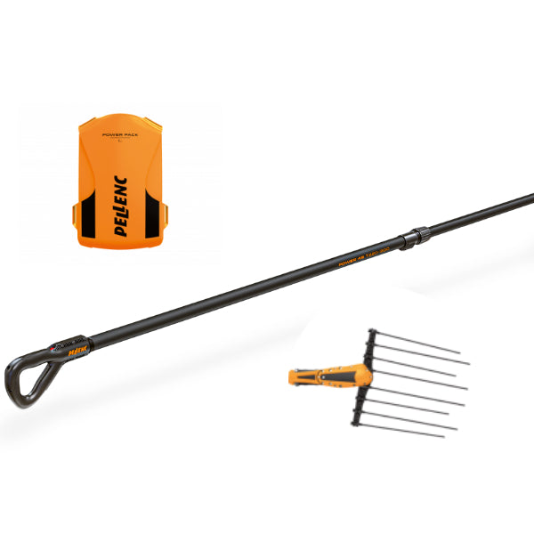 Abbacchiatore professionale Pellenc Power 48 T220/300 con testa SOLO (335 mm) a pettine singolo e batteria a zaino al litio ad alta capacità Power Pack L+, kit per la raccolta delle olive ad alta produttività e massima autonomia per oliveti estesi.