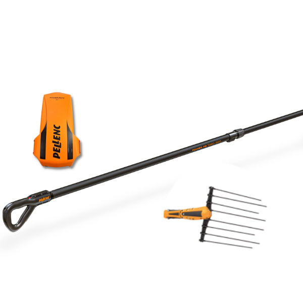 Abbacchiatore Pellenc Power 48 T220/300 con testa SOLO (335 mm) a pettine singolo e batteria professionale a zaino al litio Power Pack M+, kit ad alta produttività per la raccolta professionale delle olive a zero emissioni dirette.