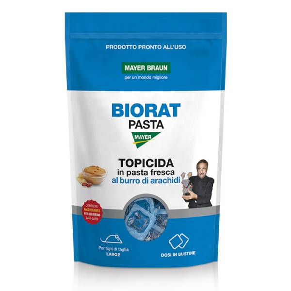 Confezione professionale da 1,5 kg di Biorat Pasta al burro di arachidi Mayer Braun, esca rodenticida oleosa e zuccherata ad alta attrazione.