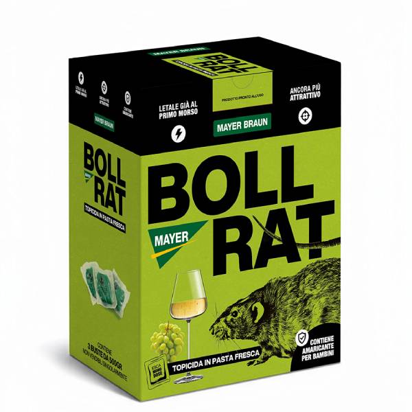 Confezione professionale da 1,5 kg di Bollrat Tris Pasta Bollicine Mayer Braun, esca topicida in pasta all'aroma di uva e mosto per derattizzazione.