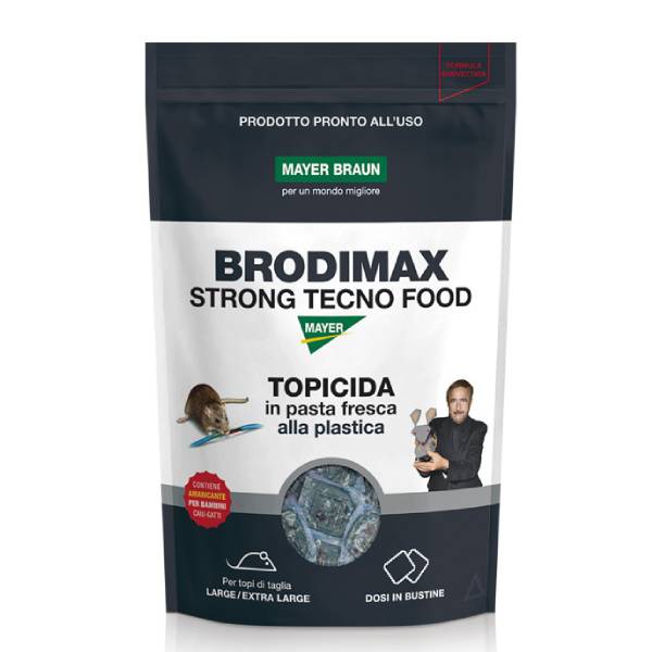 Confezione professionale da 1,5 kg di Brodimax Strong Tecno Food Mayer Braun, esca topicida in pasta all'aroma di plastica per protezione cavi elettrici.
