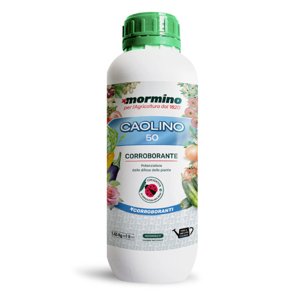 Flacone da 1 litro di Caolino 50 Mormino, potenziatore delle difese consentito in agricoltura biologica.
