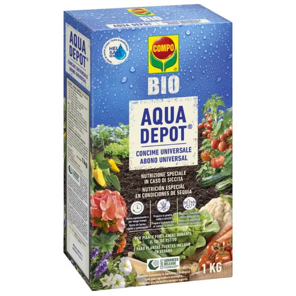 Confezione di concime granulare COMPO BIO Aqua Depot da 1kg, fertilizzante biologico con tecnologia a ritenzione idrica per orto e giardino.