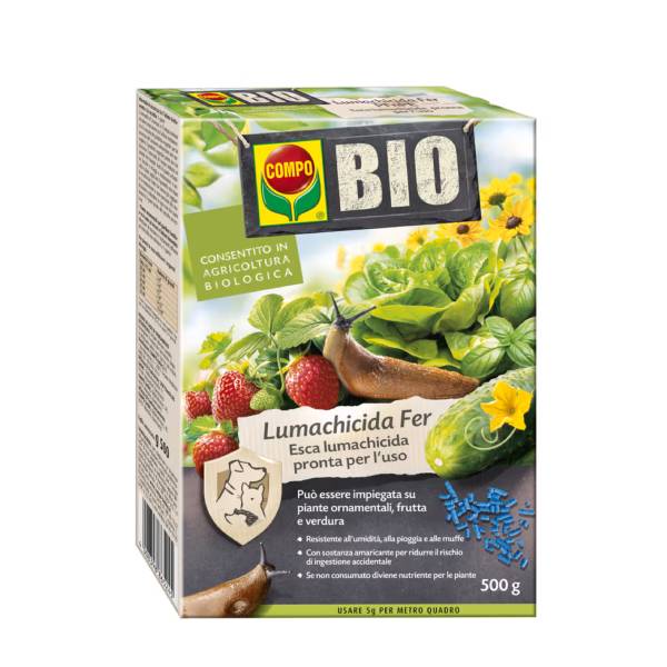 Confezione di COMPO Bio Lumachicida Fer PFnPE in granuli, esca biologica per il controllo di lumache e chiocciole in orto e giardino.