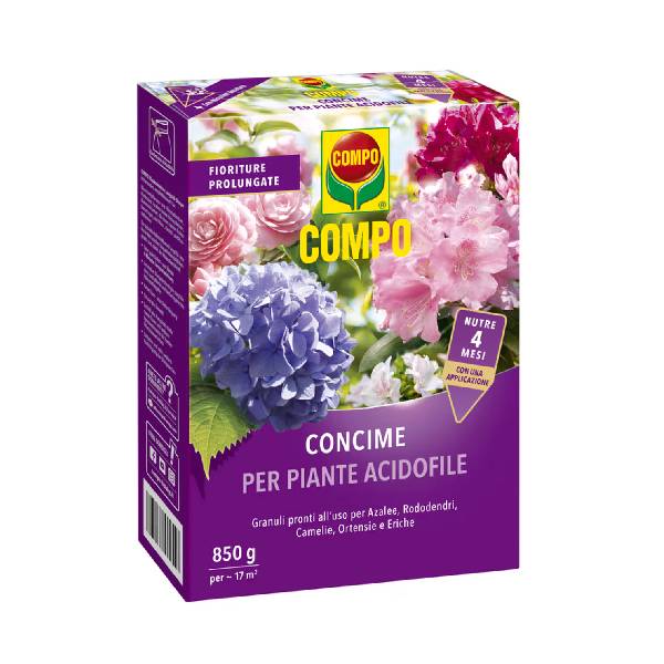 Scatola di COMPO Concime Acidofile granulare da 850g specifico per la cura di ortensie, azalee e rododendri.