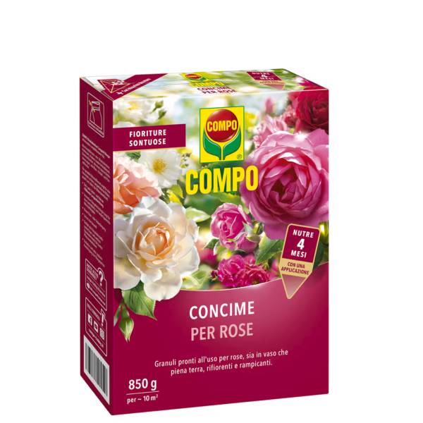 Confezione COMPO Concime Rose a lenta cessione da 850 g con misurino dosatore di precisione.