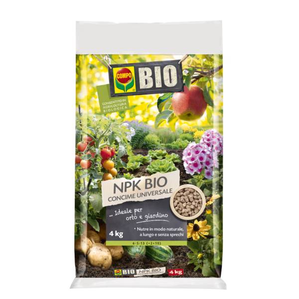 Confezione da 4 kg di concime pellettato COMPO NPK BIO per agricoltura biologica, specifico per orto e piante da frutto.