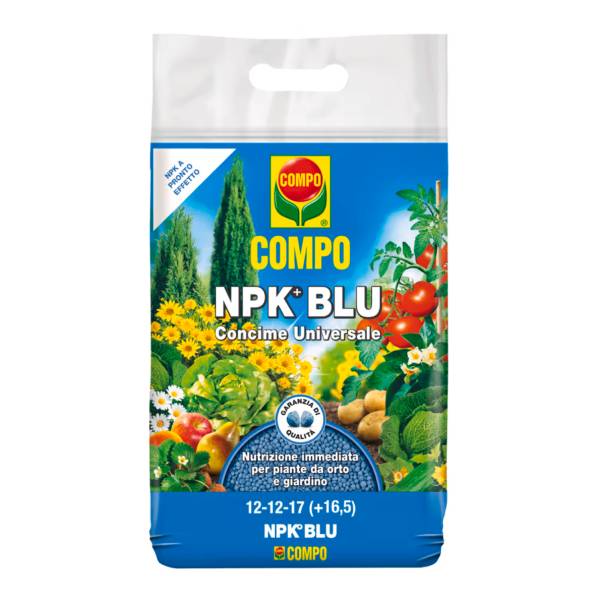 Confezione di concime universale granulare blu COMPO NPK per la nutrizione immediata di piante da orto, frutto e giardino.