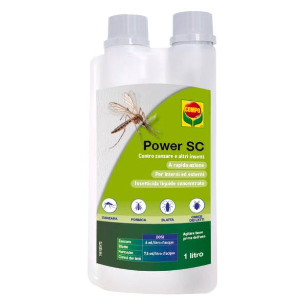Flacone di COMPO Power SC, insetticida concentrato in sospensione acquosa per il controllo di insetti volanti e striscianti.