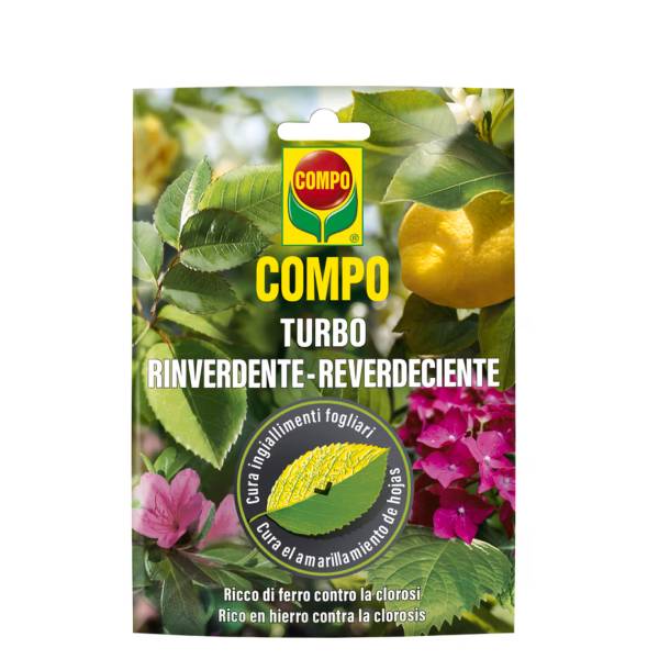 Confezione monodose COMPO Turbo Rinverdente da 20g, granuli idrosolubili per il trattamento della carenza di ferro.