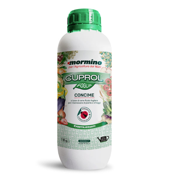 Flacone da 1 litro di Cuprol Foglia Mormino, miscela fluida a base di rame e molibdeno per uso agricolo e biologico.