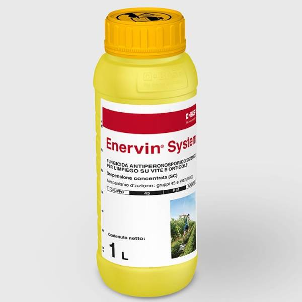 Confezione di Enervin System 1 lt BASF, fungicida antiperonosporico sistemico ad alta tecnologia per vigneti e ortaggi.