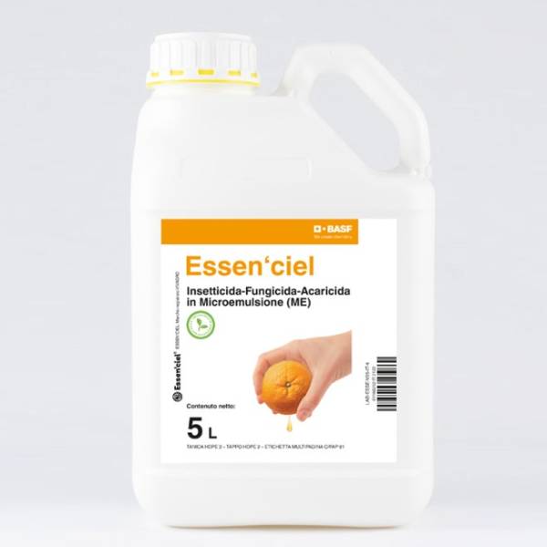 Tanica da 5 litri di ESSEN’CIEL BASF insetticida, fungicida e acaricida biologico in microemulsione a base di olio essenziale di arancio dolce.