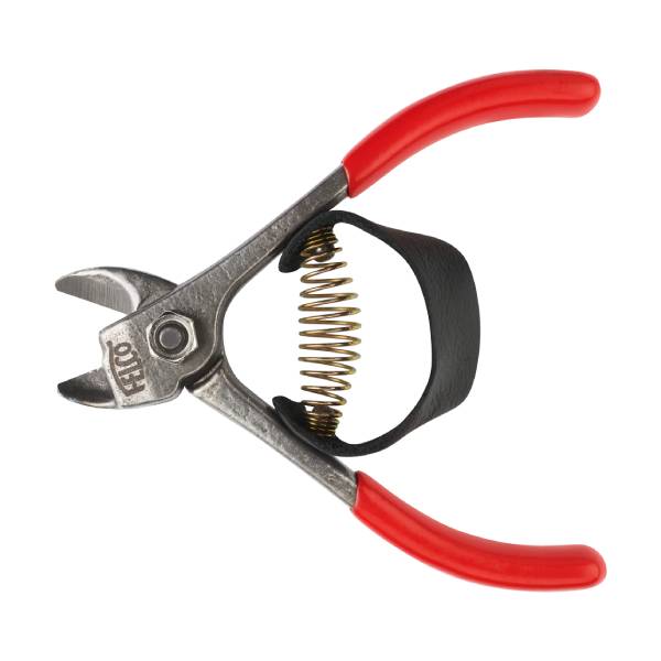 Cesoia professionale FELCO 330 per la raccolta degli agrumi con lama curva e cinturino in cuoio ergonomico.