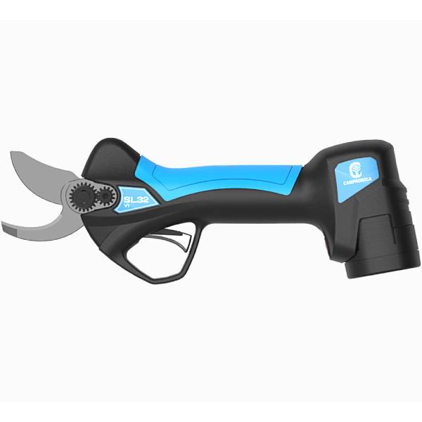 Forbice elettrica Campagnola SL32 V1 con batteria plug-in inserita, ideale per potatura vigneto e frutteto.