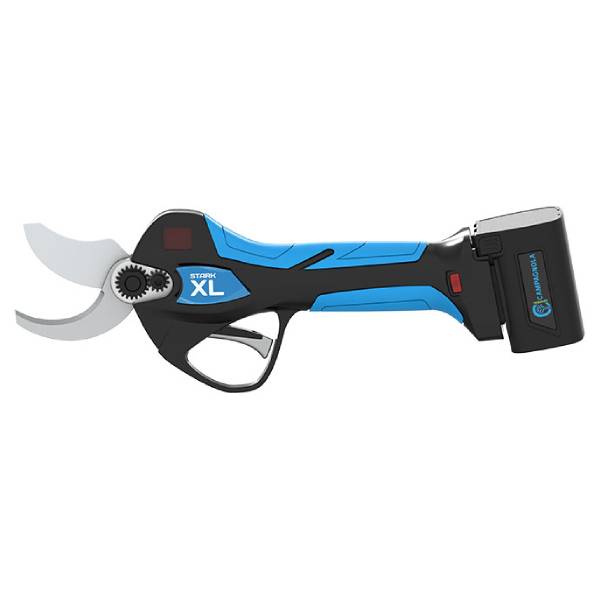 Forbice elettrica professionale Campagnola Stark XL con batteria plug-in e lame in acciaio forgiato aperte.