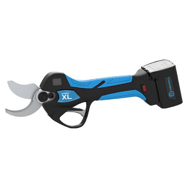 Forbice elettrica professionale Campagnola Stark XL con batteria plug-in e lame in acciaio forgiato aperte.