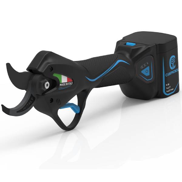 Forbice elettrica professionale Campagnola Nova 40 con sistema a batteria plug-in per potatura di olivi e frutteti.