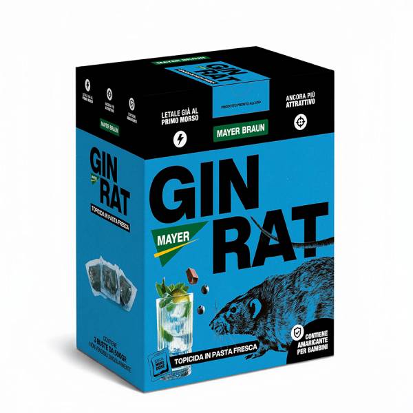 Confezione professionale da 1,5 kg di Ginrat Mayer Braun, esca rodenticida in pasta blu ad alta attrattività per il controllo di ratti e topi.