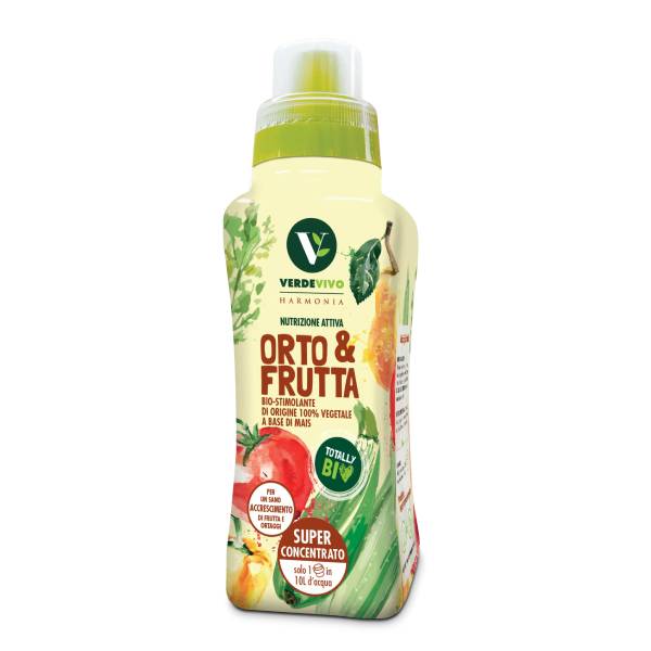 Flacone di biostimolante liquido concentrato HARMONIA Orto & Frutta 500g Verde Vivo a base di estratto di mais.