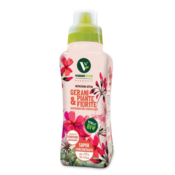 Flacone 500g Biopromotore Harmonia Gerani e Piante Fiorite Verde Vivo, fortificante liquido per fioriture abbondanti.