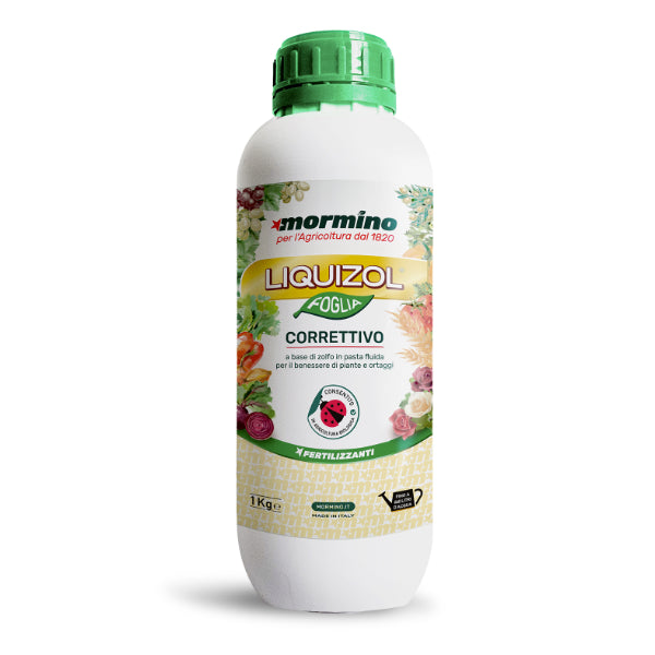 Confezione di Liquizol Foglia 1 lt Mormino, correttivo agricolo a base di zolfo in pasta fluida consentito in agricoltura biologica.