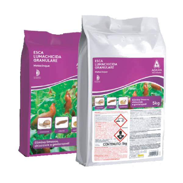 Confezione METACINQUE Adama da 1 kg, esca lumachicida granulare blu con tecnologia Desidro resistente all'umidità.