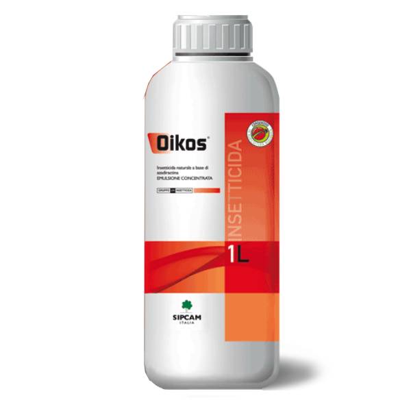 Confezione da 1 litro di Oikos Sipcam, agrofarmaco nematocida e insetticida sistemico biologico a base di Azadiractina per fertirrigazione e trattamenti fogliari