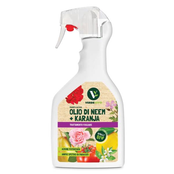 Flacone spray 750ml Olio di Neem e Karanja pronto all'uso per la difesa biologica di piante ornamentali e orto.