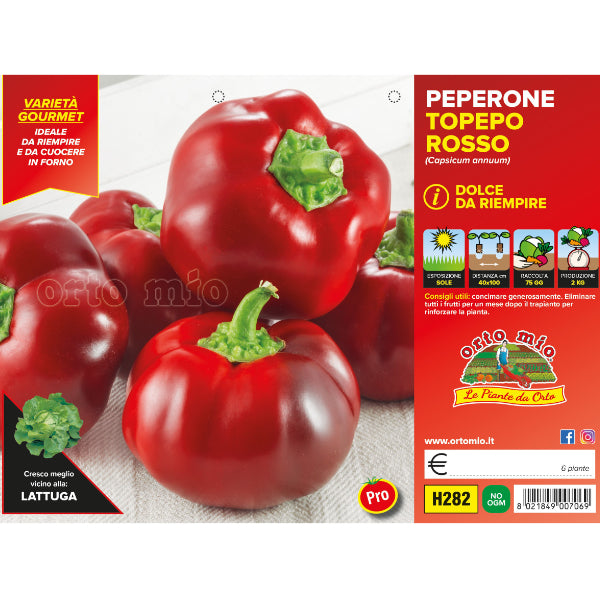 Etichetta tecnica Orto Mio della piantina di Peperone Topepo Rosso da riempire che ne certifica la varietà professionale.