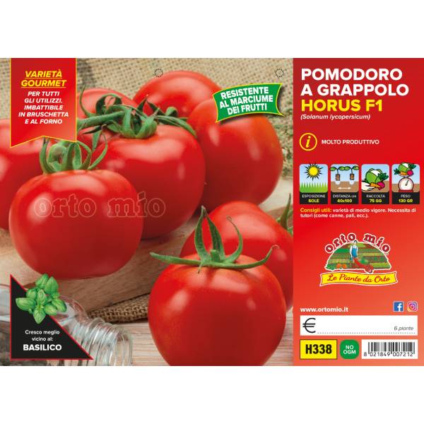 Etichetta tecnica Orto Mio della varietà di pomodoro a grappolo Horus F1 che ne certifica la varietà professionale.