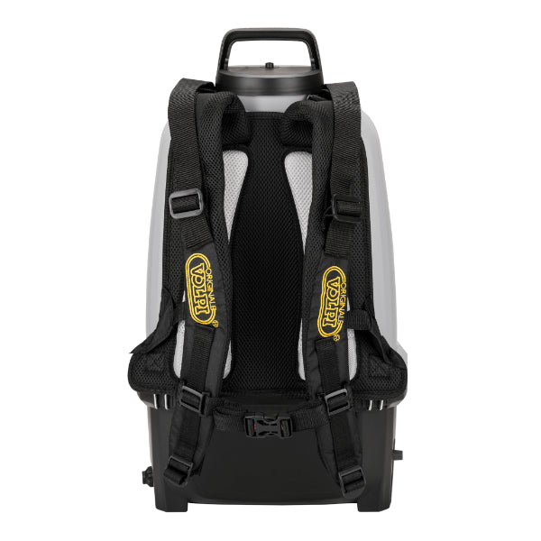 Spallacci imbottiti e regolabili con schienalino anatomico della pompa a batteria Volpi Elite 16 litri per trattamenti fitosanitari professionali.