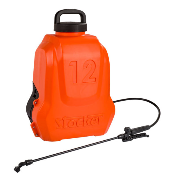 Pompa a zaino elettrica da 12 litri Stocker con batteria al litio estraibile e lancia, ideale per trattamenti agricoli professionali.