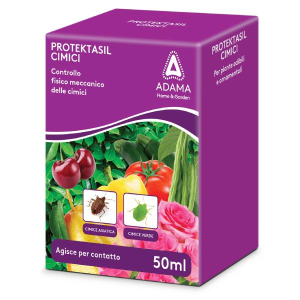 Flacone di PROTEKTASIL CIMICI CONCENTRATO 50 ml Adama, soluzione siliconica per la protezione meccanica di ortaggi e piante da frutto.