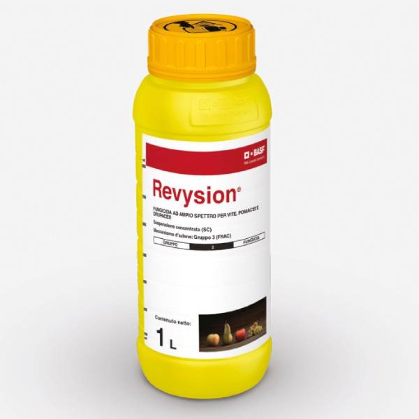 Flacone di Revysion 1 lt BASF, fungicida sistemico a base di mefentrifluconazolo per la difesa professionale di vite, melo e pesco.