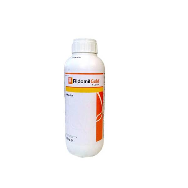 Confezione da 1 litro di RIDOMIL GOLD R LIQUIDO Syngenta, fungicida sistemico e di copertura in sospensione concentrata a base di Metalaxil-M e Rame.