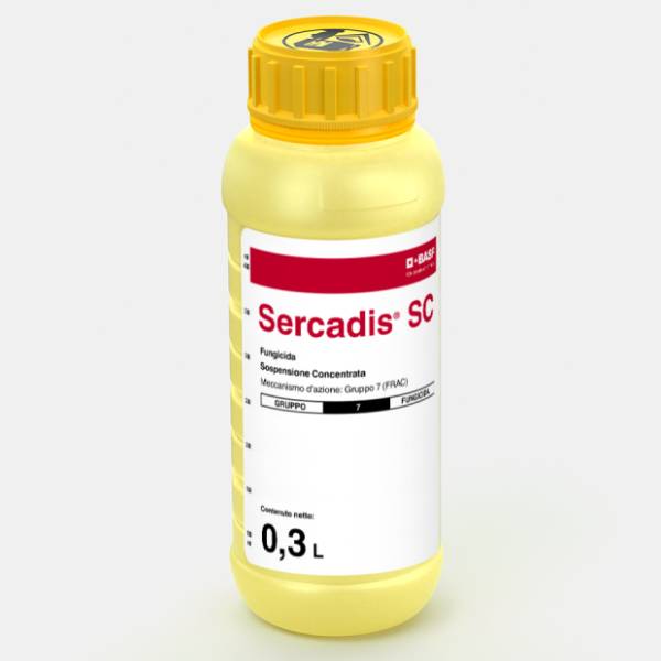 Flacone di Sercadis SC BASF da 300 ml, fungicida sistemico con tecnologia Xemium per la protezione professionale di vite, melo, pero e drupacee.