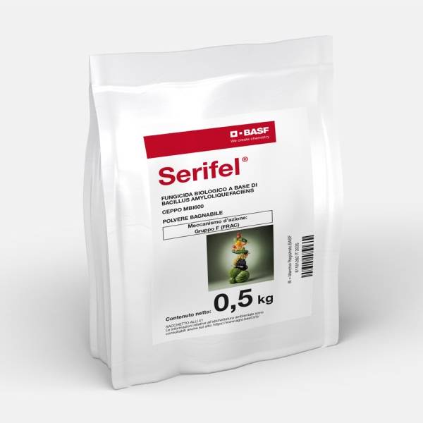 Confezione di Serifel BASF da 500g, fungicida biologico in polvere per vite e orticole.