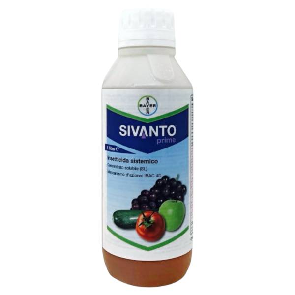 Flacone di 1 lt di Sivanto Prime Bayer, insetticida sistemico di nuova generazione per la difesa di vite, fruttiferi e orticole contro afidi e cicaline.