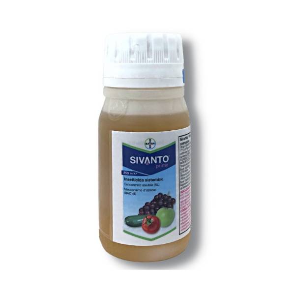 Flacone 250 ml di Sivanto Prime Bayer, insetticida sistemico di nuova generazione per la difesa di vite, fruttiferi e orticole contro afidi e cicaline.