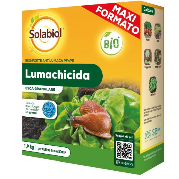 Confezione maxi da 1,9 kg di Solabiol Lumachicida PFnPE a base di fosfato ferrico con tappo dosatore easy-dose per la protezione biologica dell'orto da lumache.